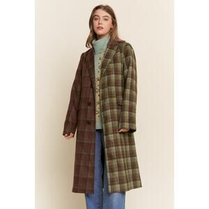 J.NNA Brown Olive Size Small Plaid Midi Length Coat